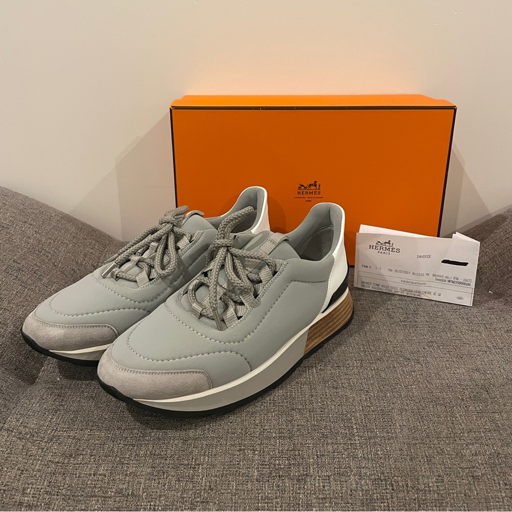 Hermes Grey Leather and Fabric Sneakers